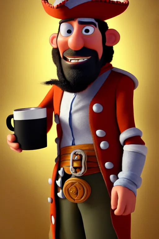 Image similar to portrait of the pirate blackbeard holding a cup of coffee, full body. pixar disney 4 k 3 d render funny animation movie oscar winning trending on artstation and behance. ratatouille style.