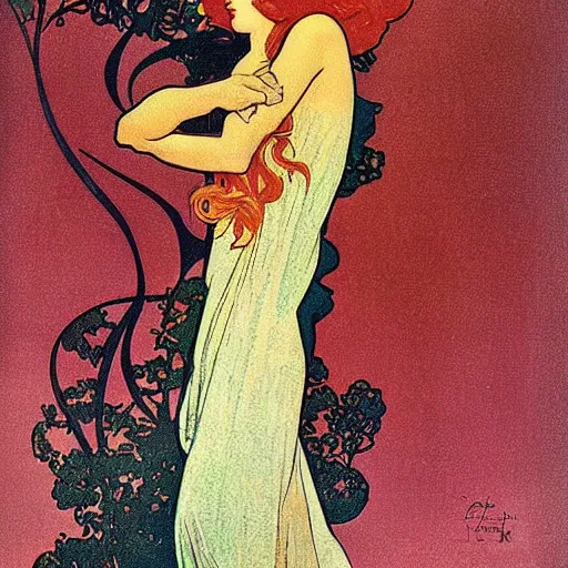 Prompt: redhead womanposter style by designer Maurice Pillard-Verneuil, alphonse mucha, maxfield parrish