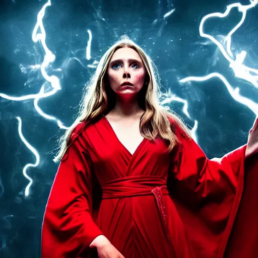 Image similar to a psychedelic full body image of elizabeth olsen in a red wizards robe casting an evil spell, detailed face, red swirls, ominous lighting, night time, high quality