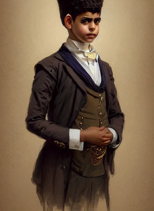 Image similar to a portrait of an egyptian boy with a crooked nose in victorian clothing, confident pose, intricate, elegant, sharp focus, illustration, highly detailed, concept art, matte, trending on artstation, anime, art by james jean and artgerm and brian despain and alberto mielgo, greg rutkowski, wlop, ilya kuvshinov, strong strokes