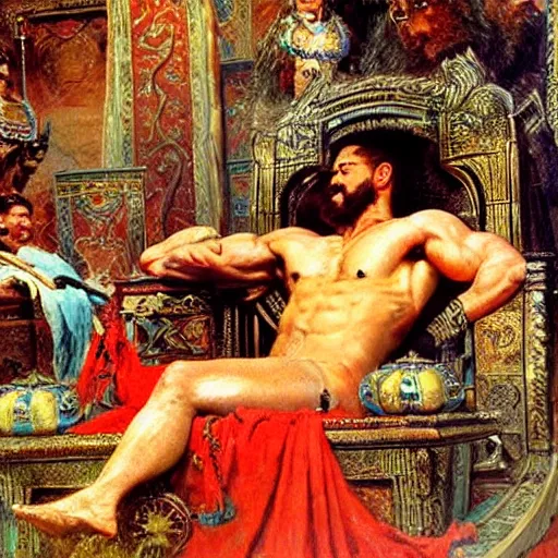 Prompt: ghenghis khan lounging on his throne, built physique, smirking, surrounded by warriors, painted by gaston bussiere