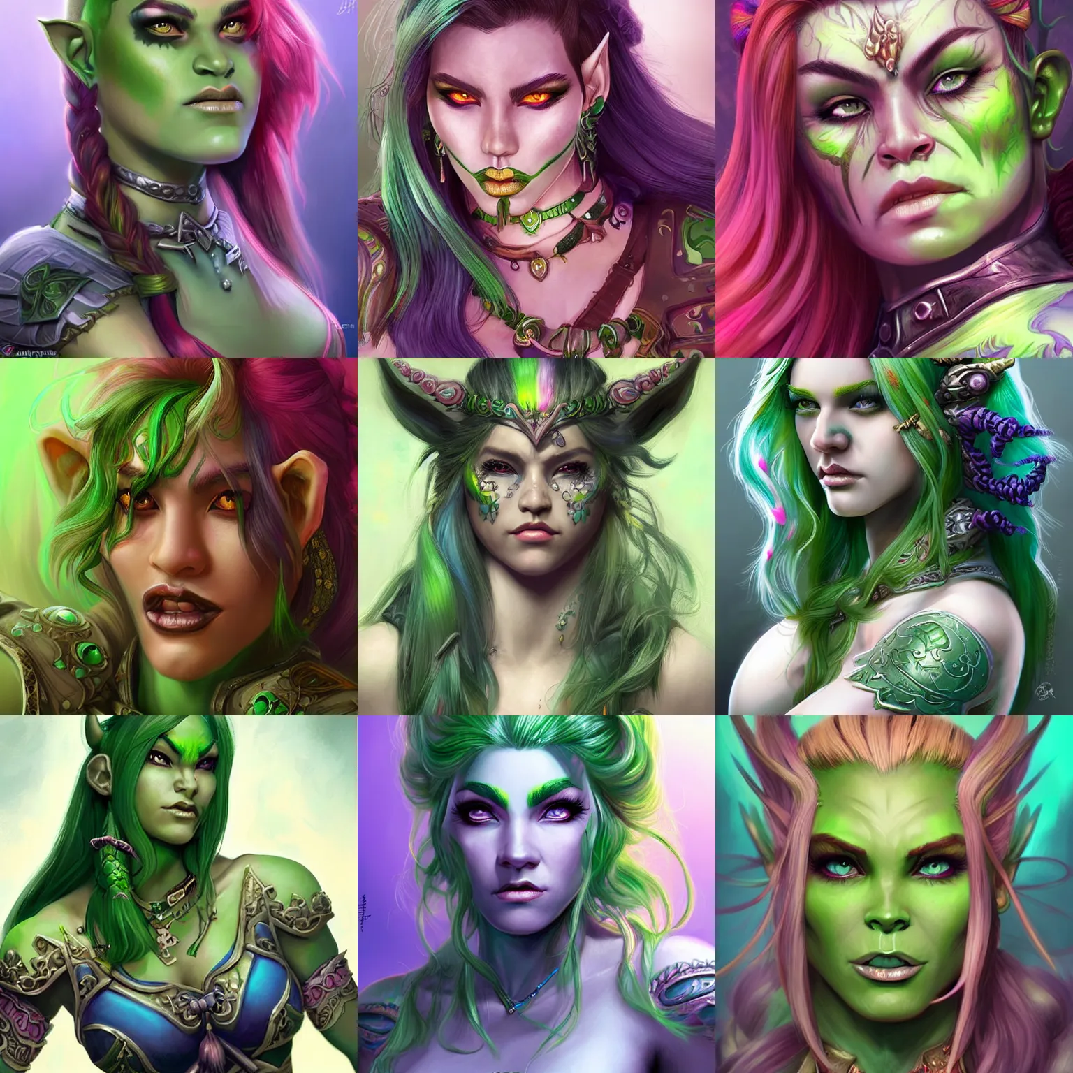 Prompt: beautiful glamorous greenskin orc girl with multicolored - rainbow hair character world of warcraft portrait, concept art, intricate details, highly detailed photorealistic portrait in the style of adam hughes, seseon yoon, artgerm and warren louw