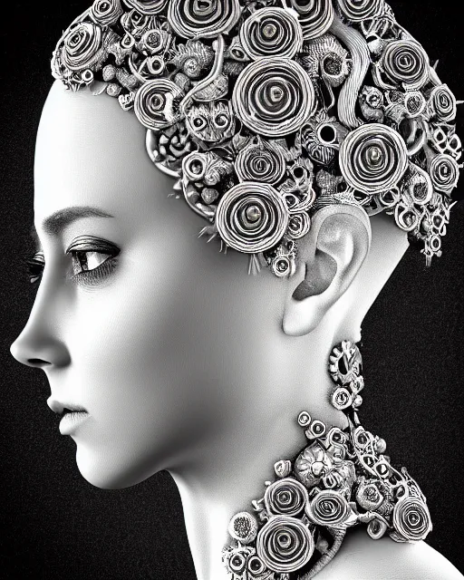 Image similar to mythical dreamy black and white organic bio-mechanical spinal ribbed profile face portrait detail of translucent steampunk beautiful siamese sisters females angelic-human-queen-vegetal-cyborg, highly detailed, intricate trnaslucent ivy jelly ornate, poetic, translucent roses ornate, 3D render, digital art, octane render, 8K artistic photography, photo-realistic, by Dora Maar