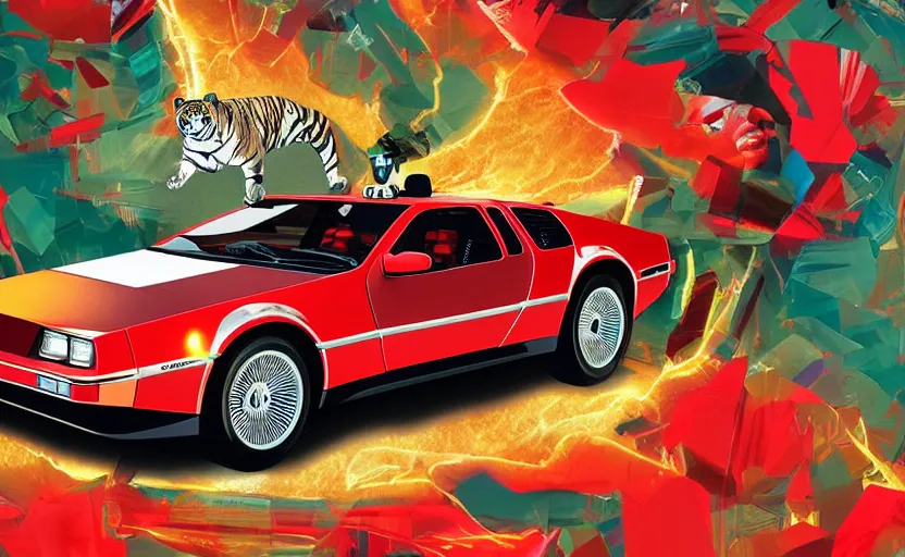 Image similar to a red delorean with a yellow tiger, art by hsiao - ron cheng in a magazine collage style, # de 9 5 f 0