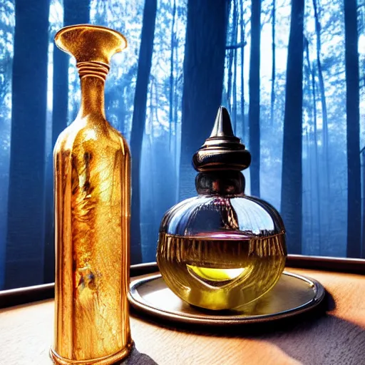 Prompt: A curvy and extravagant potion bottle on an ornate cluttered desk. The potion bottle is filled with sparkling, bright, and glowing swirling liquid. The potion has smoke coming out of it. Magic is everywhere. A window showing a forest is also visible. Octane & Unreal Engine 4 & f1.4 Photography.