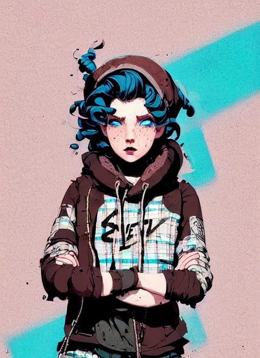 Image similar to highly detailed portrait of a sewer punk lady student, blue eyes, tartan hoody, ringlet hair by atey ghailan, by greg rutkowski, by greg tocchini, by james gilleard, by joe fenton, by kaethe butcher, gradient pink, brown, light blue and white color scheme, grunge aesthetic!!! ( ( graffiti tag wall background ) )