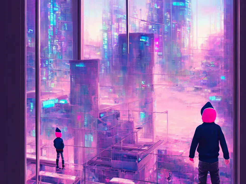 Prompt: a painting of a boy + pink hair + beanie, in a glass box mid city, futuristic, cyberpunk art by yoshitaka amano and alena aenami, cg society contest winner, retrofuturism, matte painting, apocalypse landscape, cityscape