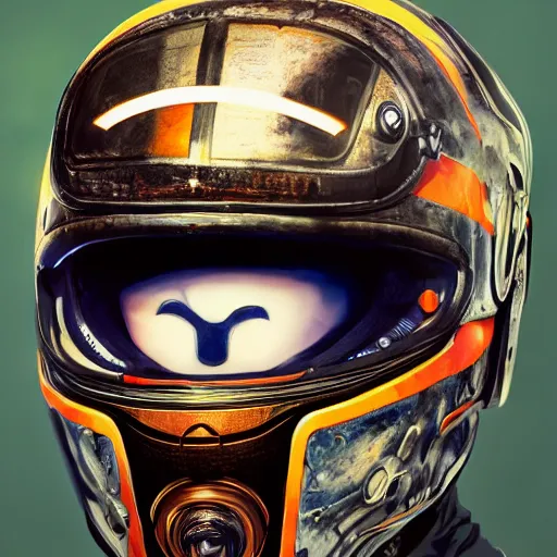 Image similar to a portrait of a monster, in an orange racing helmet by sandra chevrier, detailed render, epic composition, cybernetics, 4 k realistic, cryengine, realistic shaded lighting, sharp focus, masterpiece, by matteo scalera, gary montalbano, peter elson in the style of the tokyo ghost comic