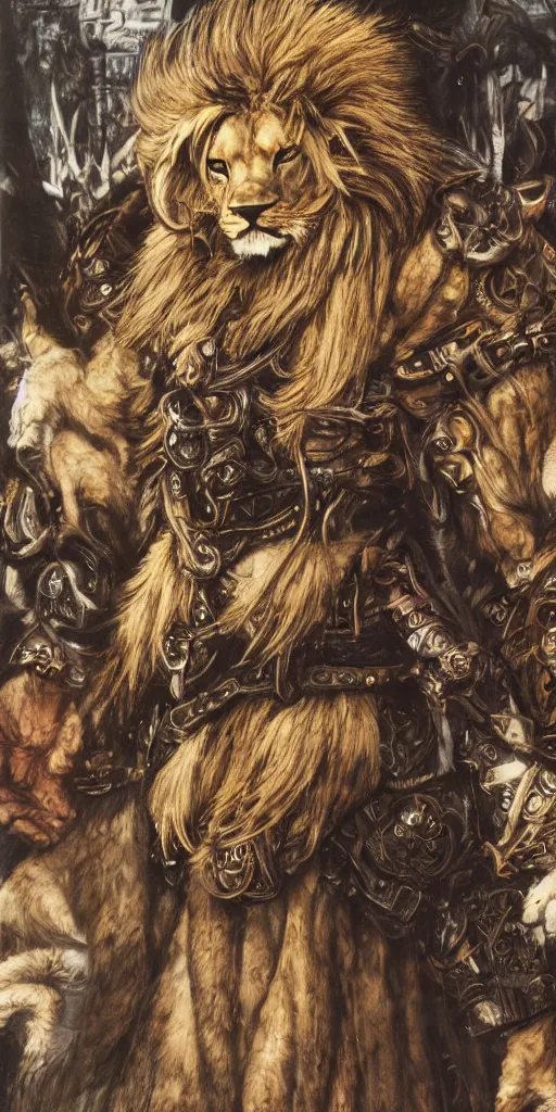 Image similar to 8 k yoshitaka amano painting of upper body of a young cool looking lion beastman with white mane at a medieval market at windy day. depth of field. he is wearing complex fantasy clothing. he has huge paws. renaissance style lighting.