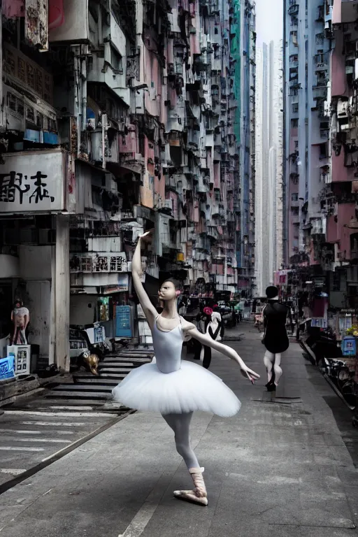 Image similar to a dynamic photograph of a ballet dancer in a dystopic Hong Kong street. Realism.