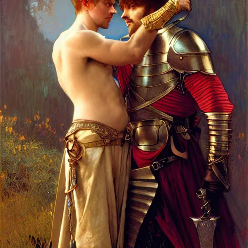 Image similar to attractive arthur pendragon and his attractive male knight, they are in love, natural lighting, path traced, highly detailed, high quality, digital painting, by gaston bussiere, craig mullins, alphonse mucha j. c. leyendecker