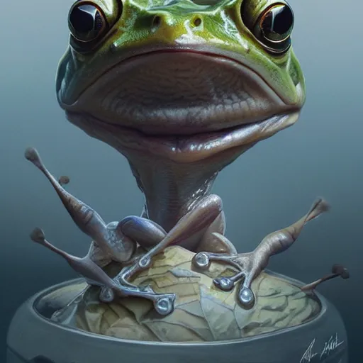 Prompt: a frog sitting on walter white's head, intricate, highly detailed, digital painting, artstation, concept art, smooth, sharp focus, illustration, unreal engine 5, 8 k, art by artgerm and greg rutkowski and alphonse mucha