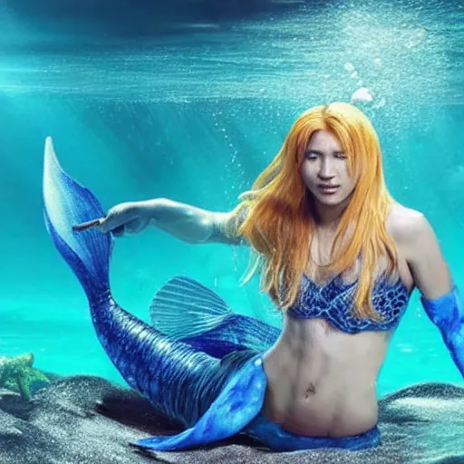 Prompt: triple h as mermaid, underwater scene, brushing his hair!!!