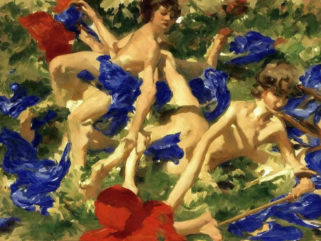 Image similar to painter fighting with lapis-lazuli, malachite, cinnabar pigments. Painting by John Singer Sargent.