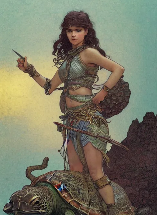 Prompt: a little warrior girl standing on top of a giant turtle in the desert. the girl has dark skin and beautiful green eyes, realistic body and a very beautiful detailed symmetrical face with long black hair. the turtle has a big wise face and closed eyes. diffuse light, dramatic landscape, fantasy illustration by mucha