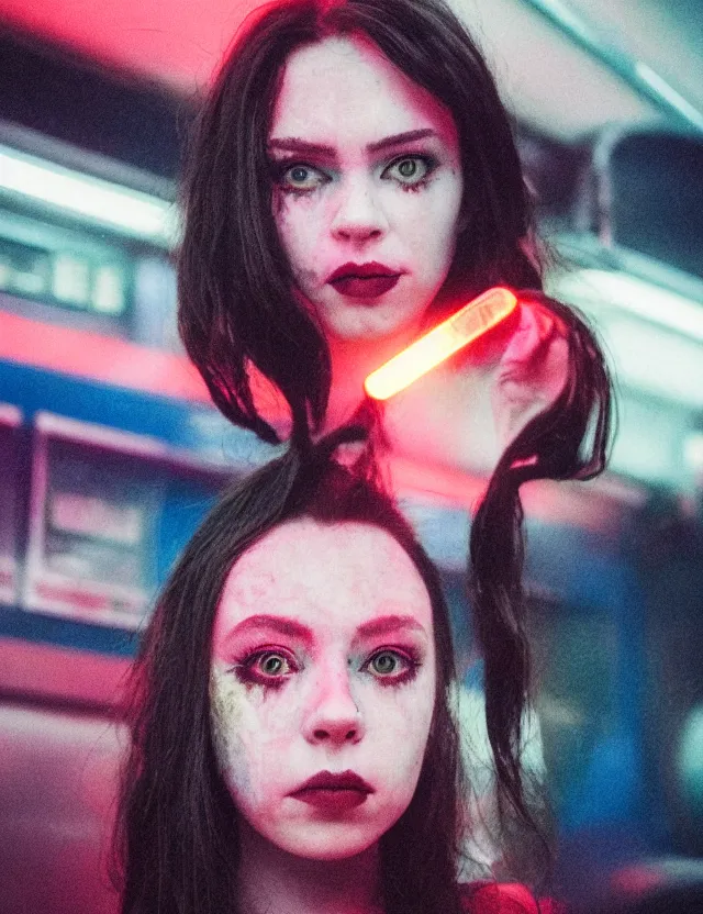Prompt: portrait of girl with smokey eyes makeup in a subway train, dressed in leather suit, neon light, wide high angle coloured polaroid photograph with flash, kodak film, hyper real, stunning moody cinematography, with anamorphic lenses, by maripol, fallen angels by wong kar - wai, style of suspiria and neon demon and children from bahnhof zoo, detailed