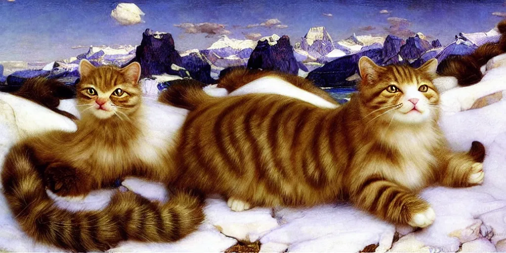 Image similar to 3 d precious moments plush cat with realistic fur, snowy mountain landscape, john william waterhouse color palette, master painter and art style of john william waterhouse and caspar david friedrich and philipp otto runge