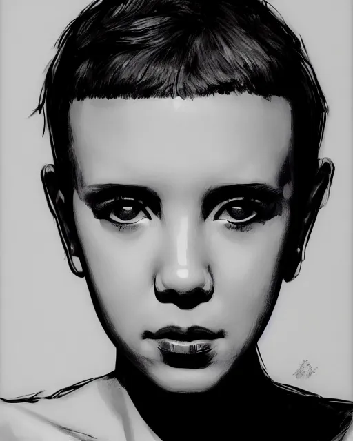 Image similar to close up portrait of millie bobby brown by yoji shinkawa, black and white