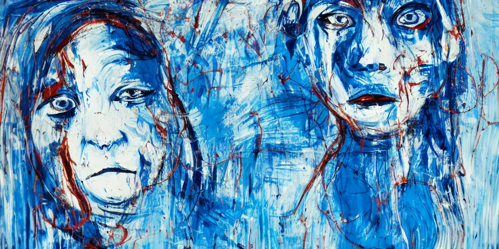 Image similar to chaotic expressionism painting of a face, blue color palette