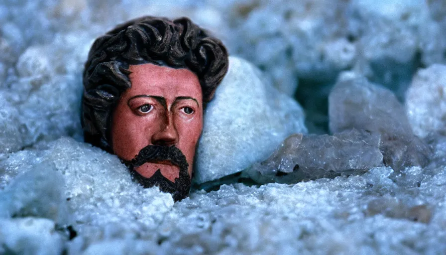 Prompt: 1 9 6 0 s movie still close up of marcus aurelius frozen to death in a blue cape with fur in a river with gravel pebbles, pine forests, cinestill 8 0 0 t 3 5 mm, high quality, heavy grain, high detail, texture, dramatic light, anamorphic, hyperrealistic, detailed hair