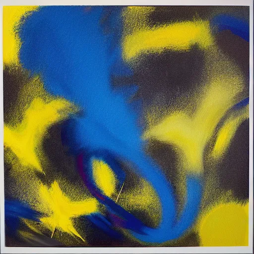 Image similar to an amazing ultrafine airbrush painting of blue and yellow flowers on a black background, by morris louis bernstein, georgia o ’ keefe, and rachel reckitt, deviantart, featured on dribble, metaphysical painting, biomorphic, oil on canvas, bioluminescene