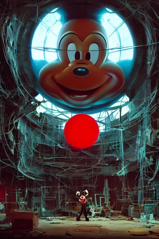 Image similar to workers repairing big mickey mouse head in abandoned computer facility, in background red glowing netflix logo. made by beeple, cgsociety, unreal engine, octane render, greg rutkowski, alphonse mucha, cinematic lighting, dark room, low light, sharp focus, 4 k highly detailed art