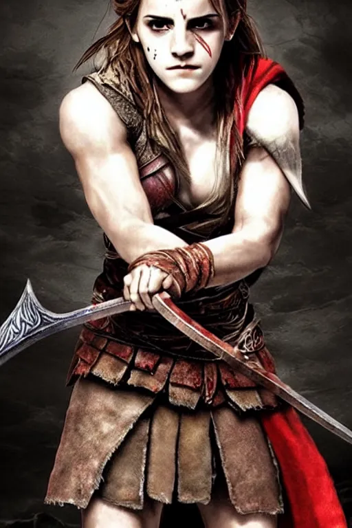 Image similar to Emma Watson as Kratos, brutal, detailed realistic, photorealistic, full body