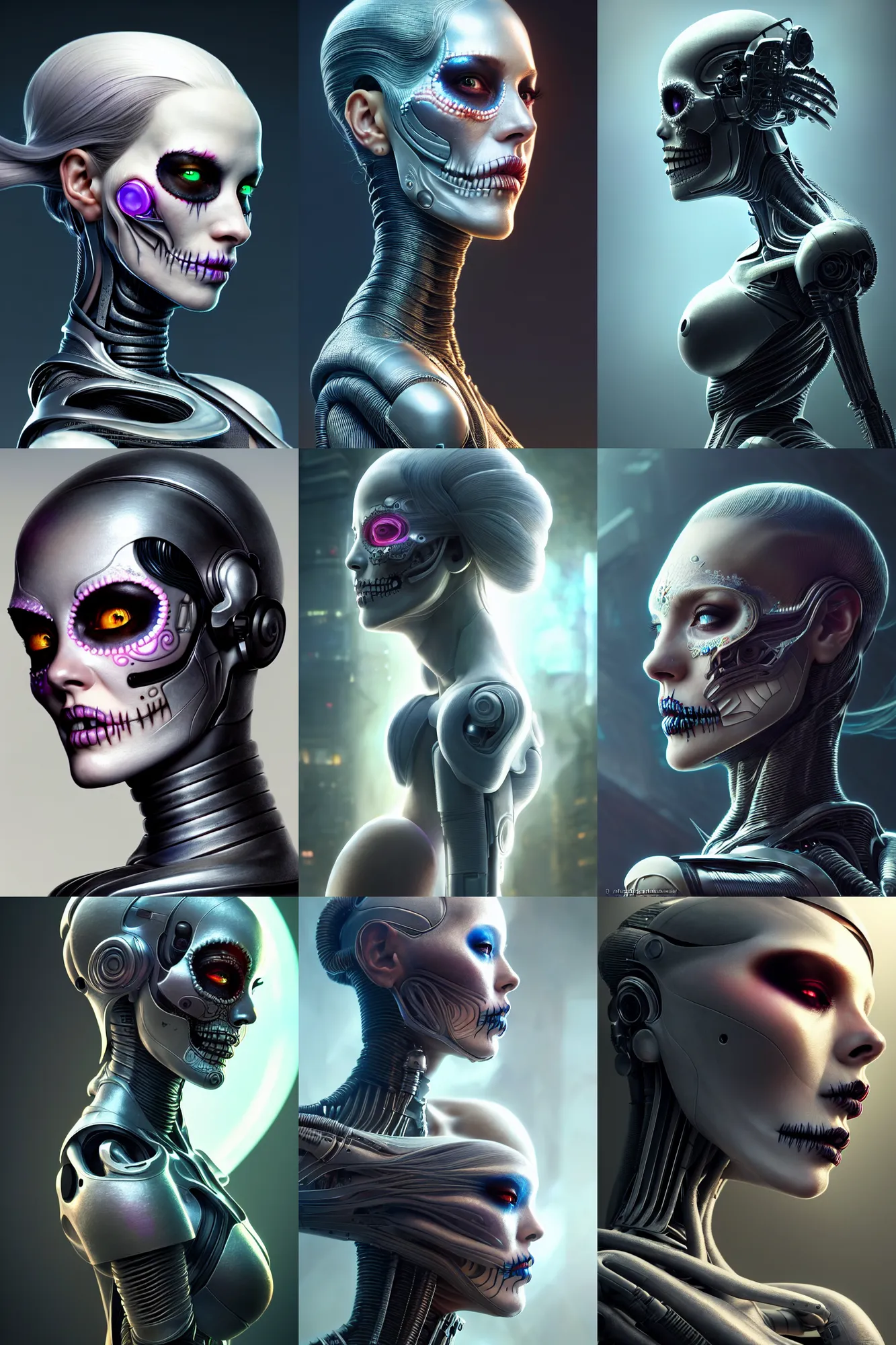 Prompt: ultra detailed side portrait of female android, smoke!!!!, sharp focus, sci - fi, fantasy art, digital illustration, dia de los muertos. octane render, unreal engine, global illumination, intricate detailed environment. concept art. art by artgerm and wlop and giger and greg rutkowski and rossdraws and alphonse mucha, 8 k