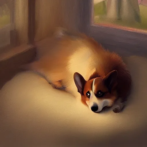 Image similar to a cute corgi sleeping. soft, atmospheric, warm lighting. highly detailed digital painting by mandy jurgens.