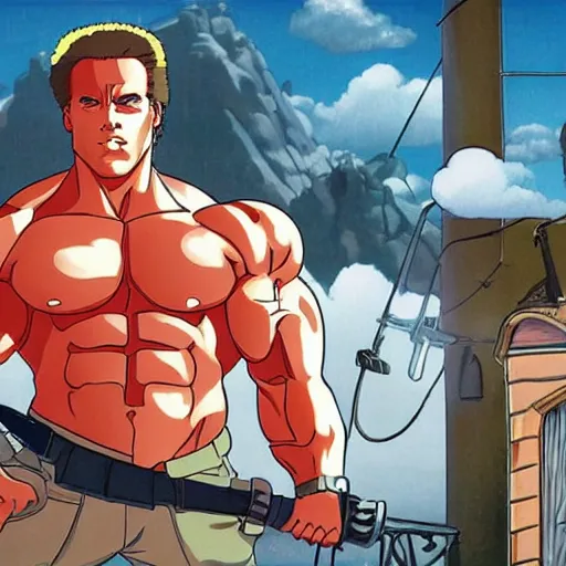 Prompt: arnold schwarzenegger, studio ghibli, myazaki, anime, magnificent, gorgeous