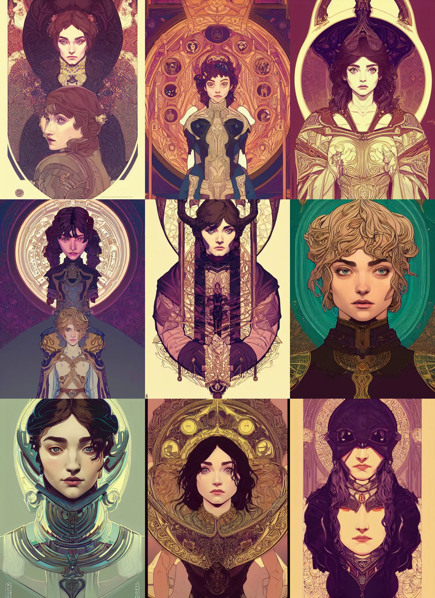 Prompt: front facing symmetrical centered portrait, Imogen Poots as a Paladin, Arcane style, fantasy concept art by Tomer Hanuka, cgsociety, vanitas, ilya kuvshinov, Mucha. Klimt, Michael, 2d game art