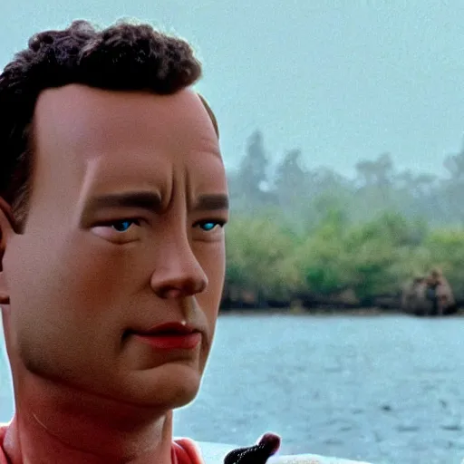 Prompt: Tom Hanks as forrest gump has giant shrimp heads instead of hands, hyper realistic, 8k resolution, amazing detail