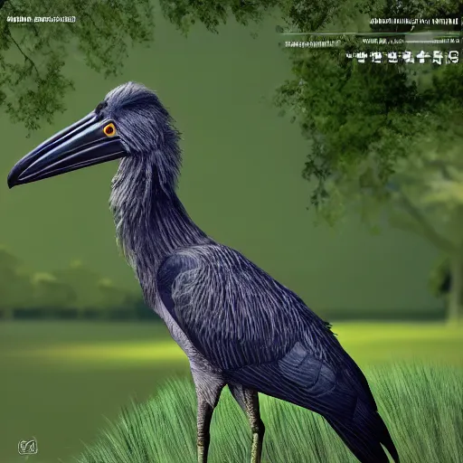 Image similar to black wood shoebill, photorealism, Unreal Engine, artstation with dark leafs around