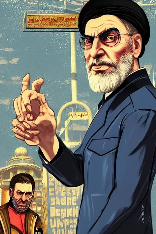 Prompt: angry ali khamenei, with pointing finger, delete duplicating content, parallel content, hyperrealistic anatomy content, violet polsangi pop art, gta chinatown wars art style, extreme quality masterpiece, bioshock infinite art style, incrinate, 2 color, white frame, content balance proportion