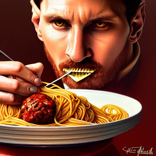 Image similar to Messi eating spaghetti with meatballs, closeup, D&D, fantasy, intricate, elegant, highly detailed, digital painting, artstation, concept art, matte, sharp focus, illustration, art by Artgerm and Greg Rutkowski and Alphonse Mucha