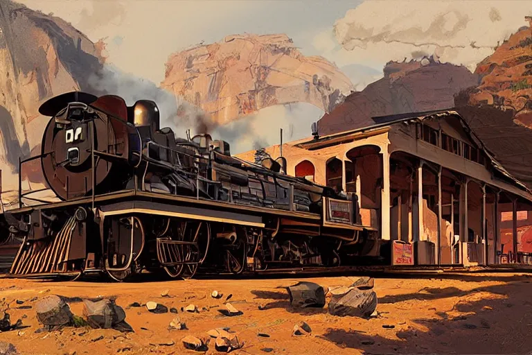 Image similar to idyllic old western train station illustration by syd mead artstation 4 k graphic novel concept art matte painting