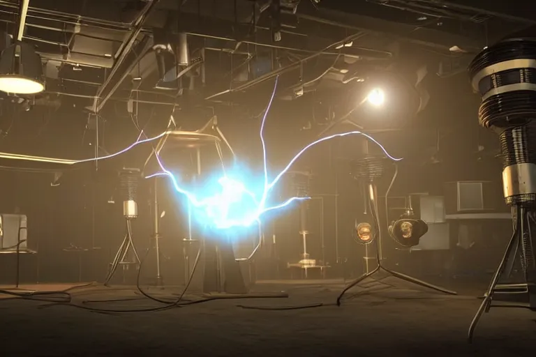 Prompt: still photo of the invention of tesla coil, highly detailed, photorealistic shot, bright studio setting, studio lighting, crisp quality and light reflections, unreal engine 5 quality render