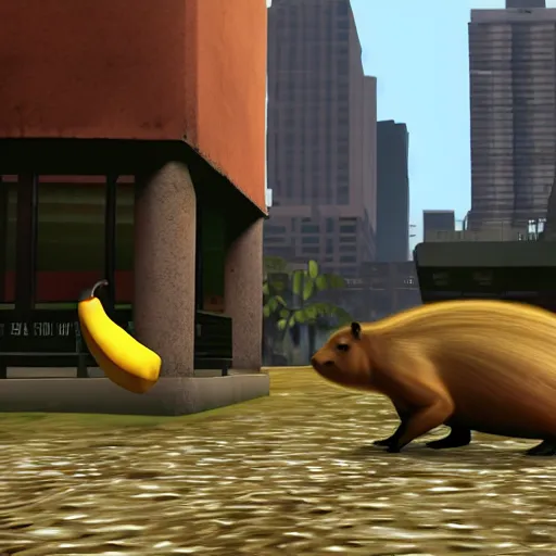 Image similar to capybara with a banana on top of its head. max payne screenshot