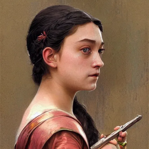 Image similar to Portrait of arya stark in ancient bali, elegant, digital painting, highly detailed, fantasy, artstation, concept art, smooth, sharp focus, illustration, art by William-Adolphe Bouguereau and artgerm and greg rutkowski and alphonse mucha