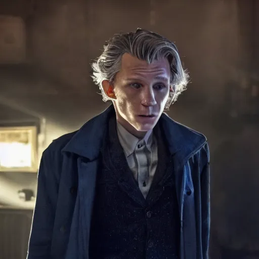 Image similar to tom holland as a rough dirty old man with a scruffy beard in a dark blue trenchcoat as the new doctor who, cinematic, volumetric lighting, f 8 aperture, cinematic eastman 5 3 8 4 film, photorealistic