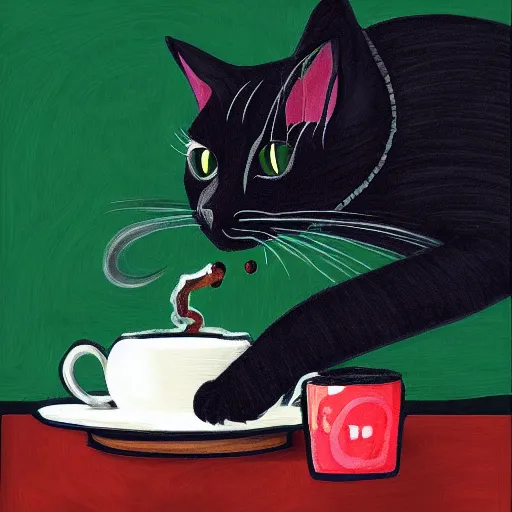 Image similar to a black cat drinking tea by tim jacobus