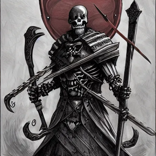 Image similar to concept art of skeleton holding a medieval shield and spear, d & d surrounded by red evil death tentacles, hyper detailed, hyper realistic, dark atmosphere, full body, full frame in the style of frank frazetta