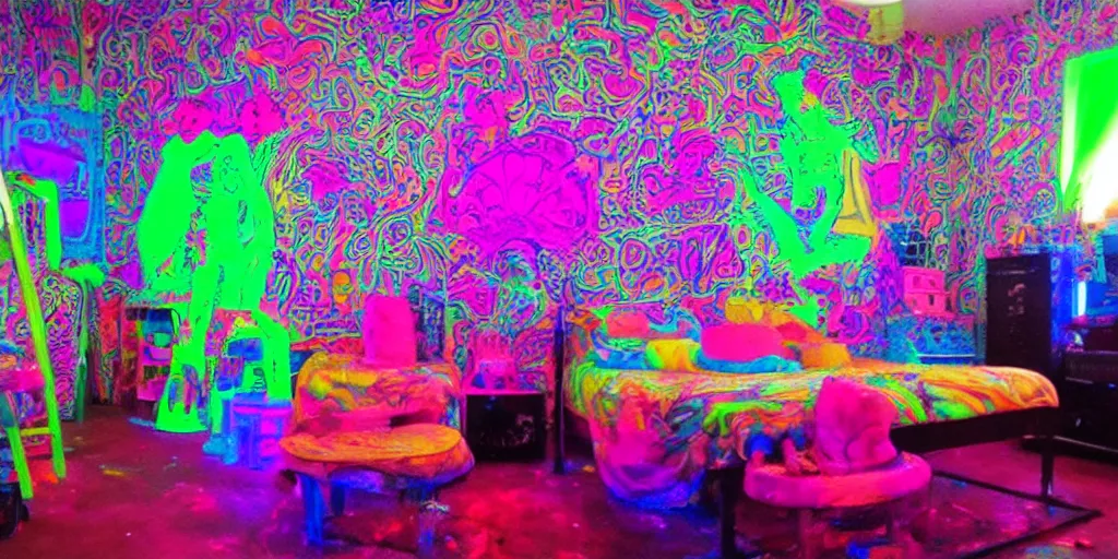 Image similar to a cluttered psychedelic 90s room with a blacklight and glowing furniture