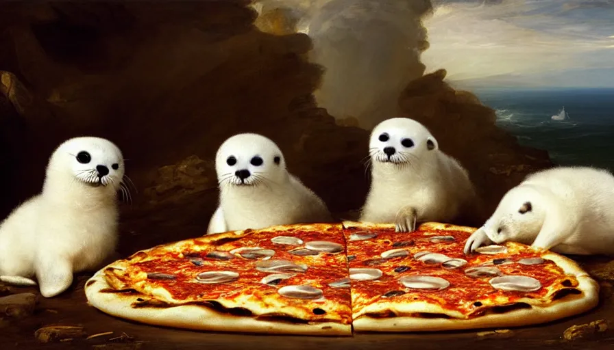 Image similar to highly detailed painting of cute furry white baby seals having a pizza party by william turner, by greg rutkowski, by william constable, thick brush strokes and visible paint layers, 4 k resolution