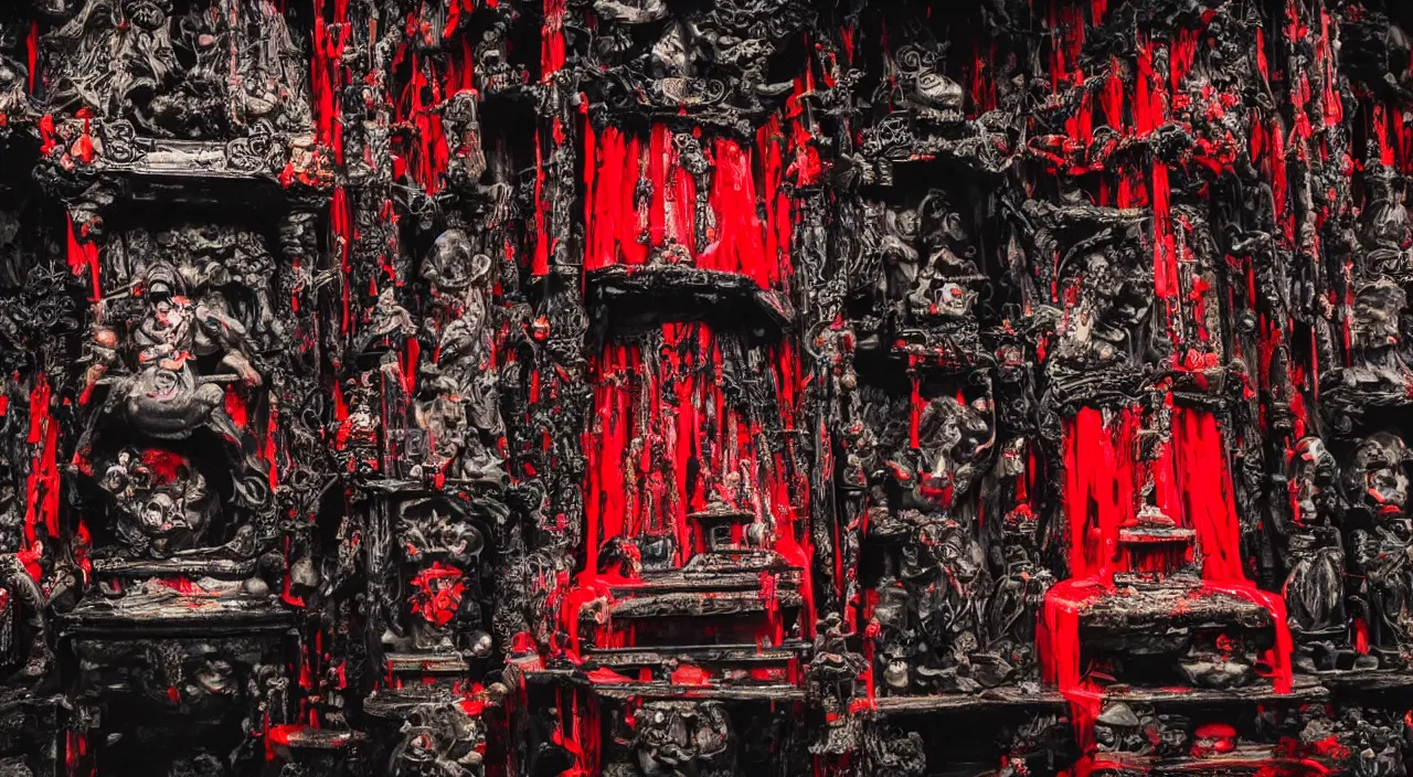 Image similar to Malevolent Shrine, Colorful Digital Photography, Surrounded by Black Water, Dark, Red Shrine, Traditional Shrine, Intricate Detail, ELS, Extreme Long Shot, ISO 100, Horror