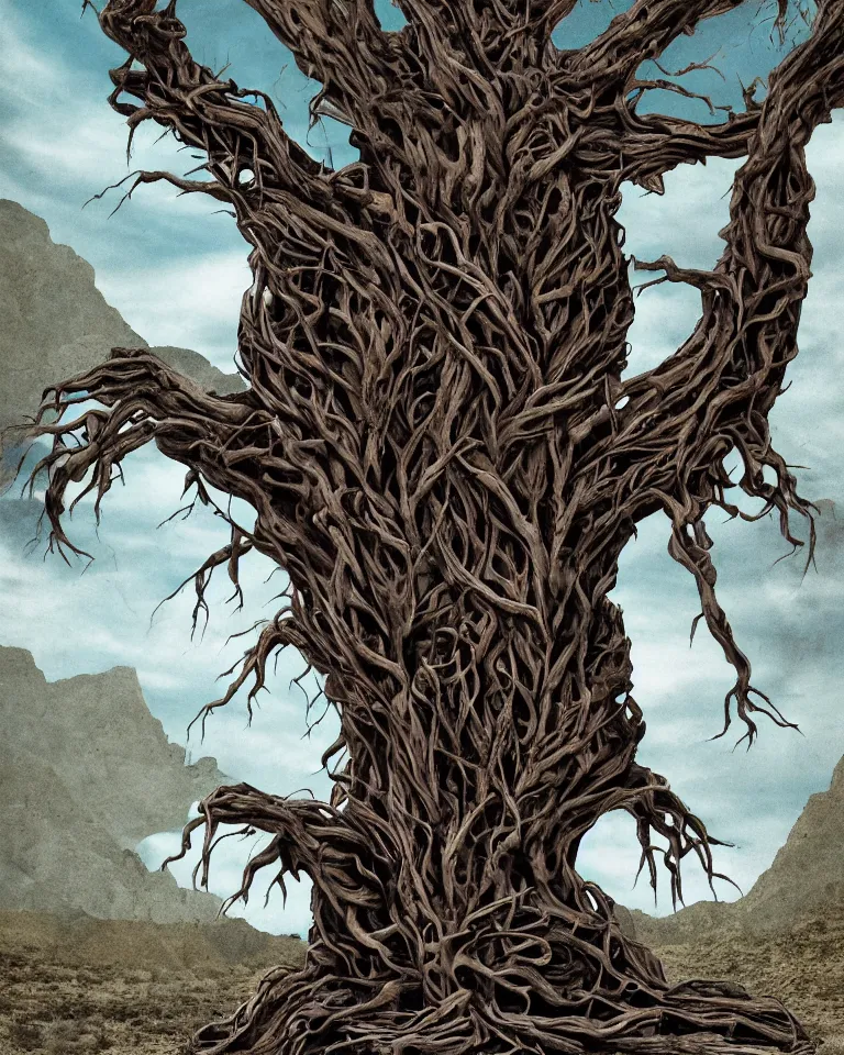 Image similar to Book cover artwork of a giant mythical wretched tree made of human flesh, limbs and bones growing in the middle of a desert canyon seen from afar.