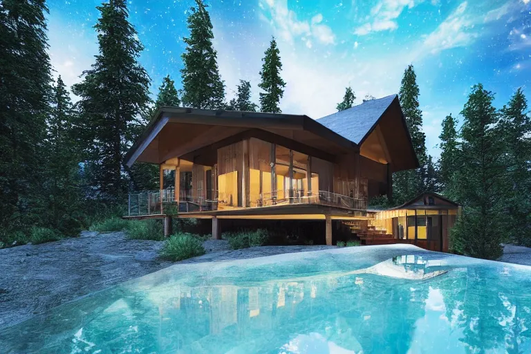 Image similar to modern cabin with pool, mountain background, forest, clear sky, night, cinematic lighting, photorealistic, high resolution, high detailed