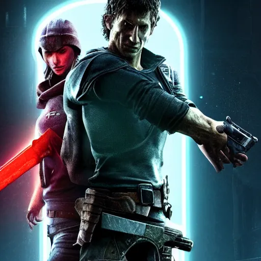 Image similar to todd howard with a gun, forcing you to buy skyrim, threatening, sharp, cinematic, colorful, digital art, neon, bright, cyberpunk, blade runner 2 0 4 9, realism, bold