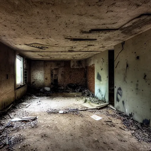 Prompt: urban exploration photography of an abandoned bunker exposed to the elements with a sinister secret inside