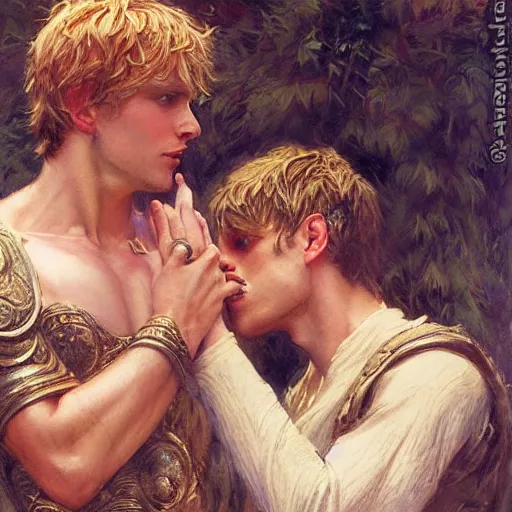 Image similar to attractive male arthur pendragon confesses his love to attractive male merlin. highly detailed painting by gaston bussiere, craig mullins, j. c. leyendecker 8 k